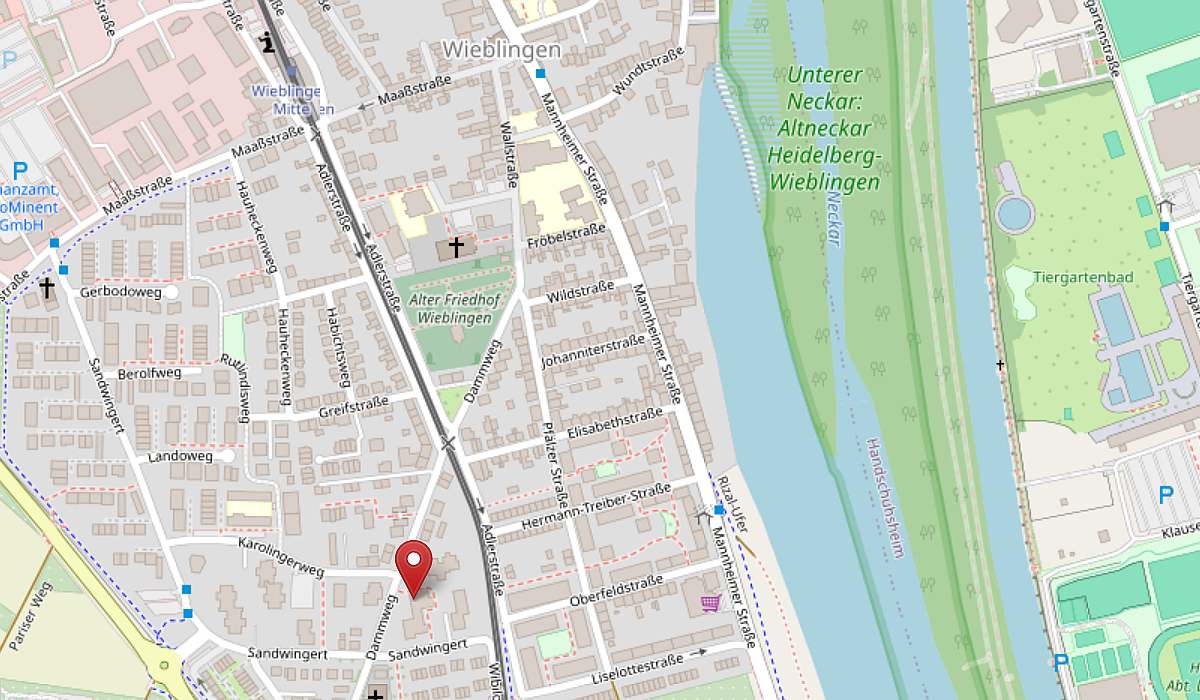 Karte von OpenstreetMap mit dem Standort der Praxis von Rozalia Hufen in Heidelberg-Wieblingen